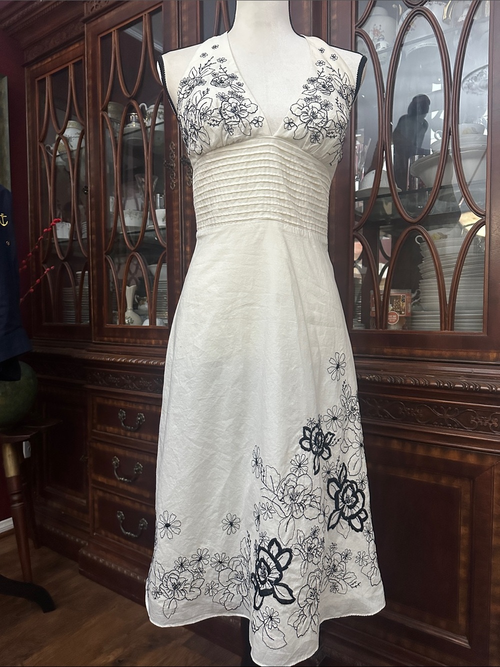 White Sleeveless Midi Dress with Black Floral Embroidery